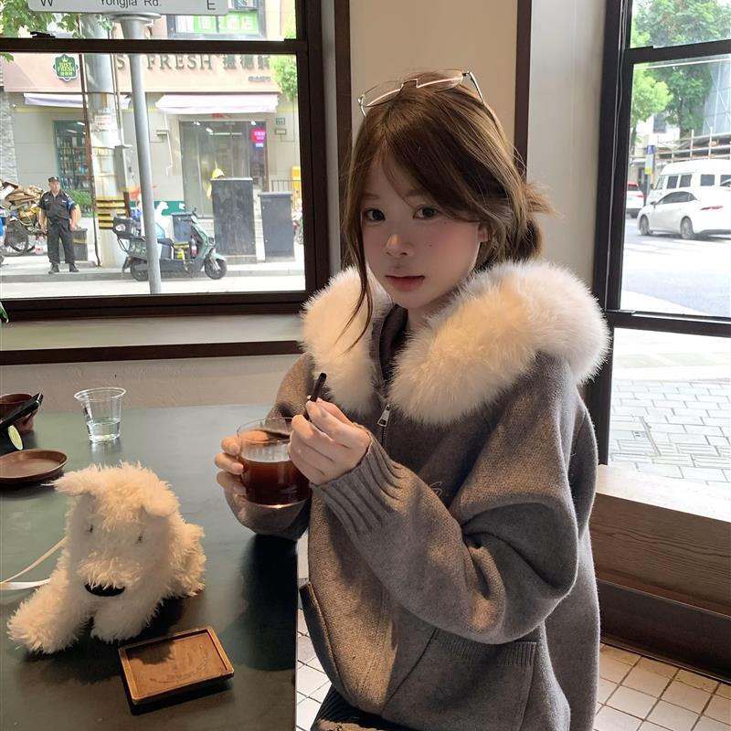 韩系慵懒风灰色毛领外套连帽针织开衫女秋冬季小个子宽松外搭上衣