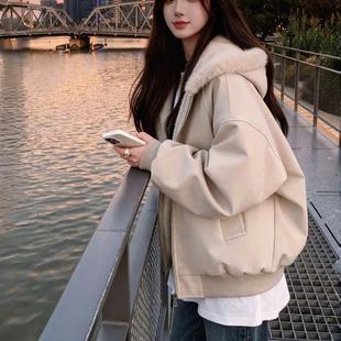 羊羔毛绒厚外套棉服女款2025新款冬季连帽小个子短款保暖情侣棉袄