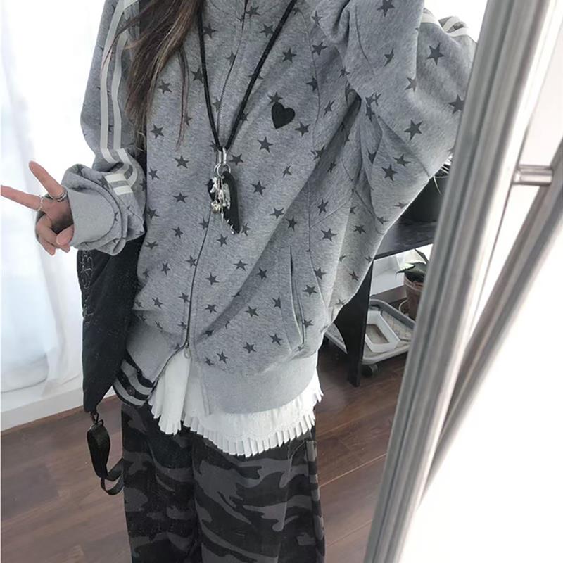 美式复古灰色满印星星立领卫衣外套女秋冬季2025新款百搭拉链开衫