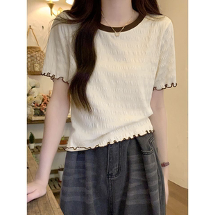 上衣 t恤女木耳边雪纺衫 广州原版 面料设计感圆领正肩短袖