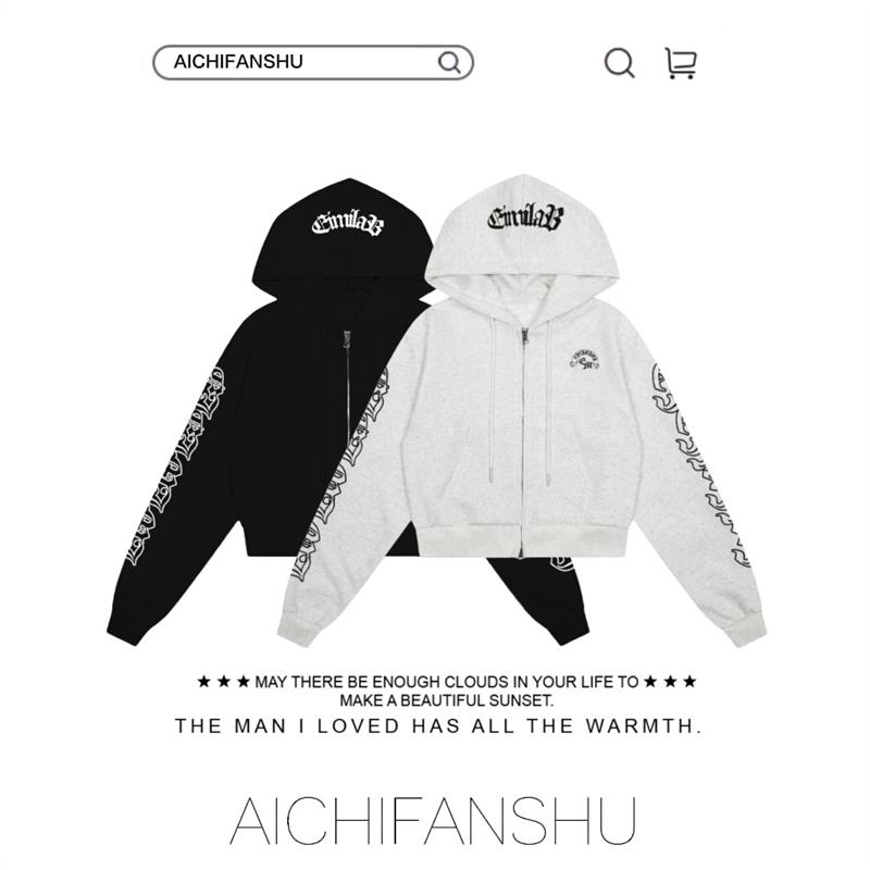 美式复古哥特风字母印花短款开衫卫衣秋季女辣妹薄款休闲连帽外套