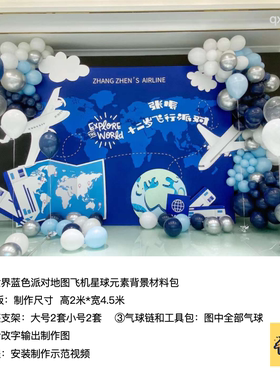 蓝色旅行地图世界飞行生日派对背景kt板底座支架实物材料包qx0865