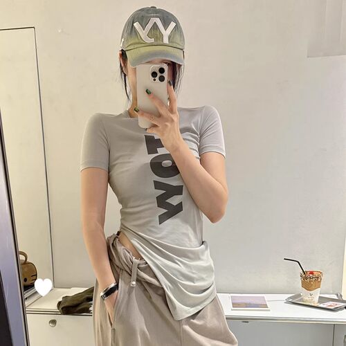 首尔限定~灰色开叉短袖T恤女
