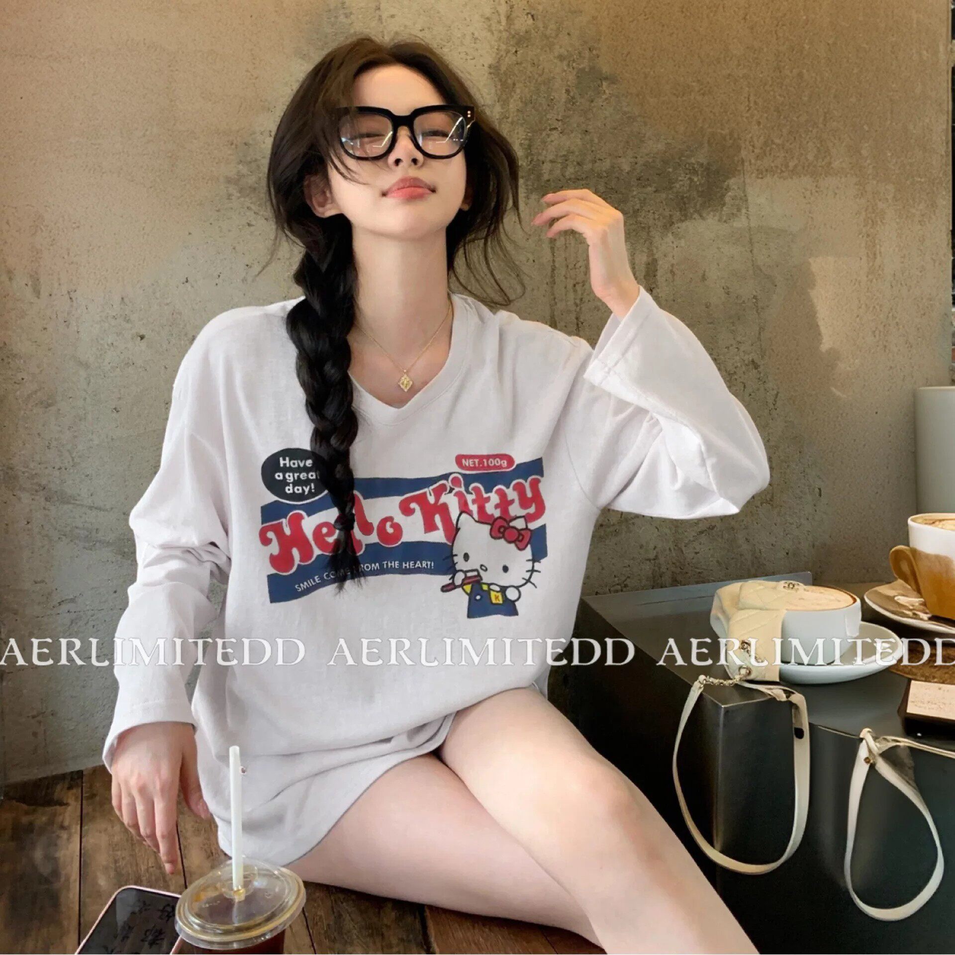 首尔原版~韩式防晒罩衫海边度假上衣艺术生凯蒂猫印花薄款长袖T恤