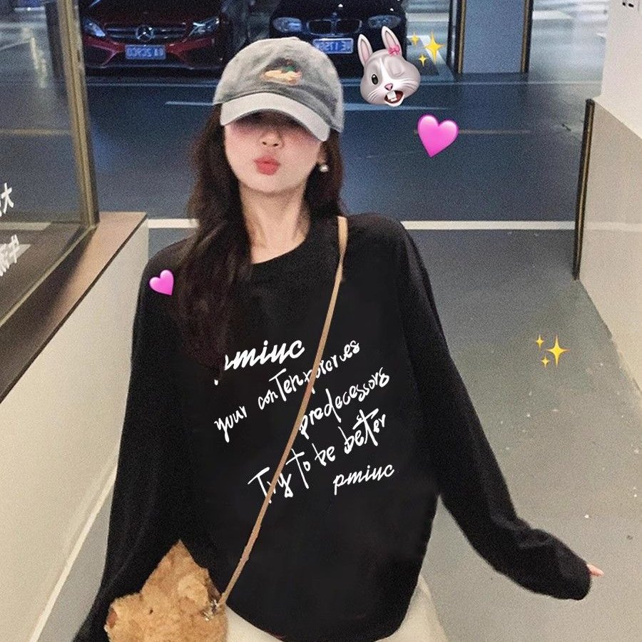 韩国韩国显瘦罩衫早秋印花长袖纯棉T恤女宽松别致薄款上衣