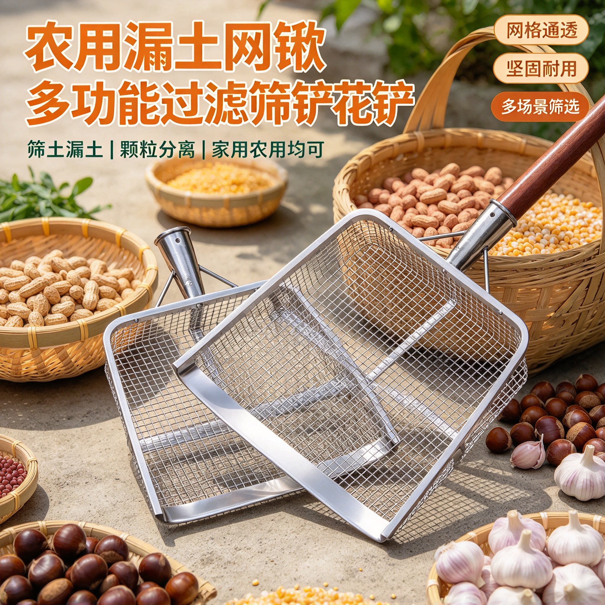 农用多功能筛土筛铲漏土铁锨花生大蒜板栗粮食沙子石子筛分网锨