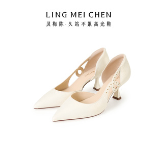新款 LINGMEICHEN侧空高跟鞋 凉鞋 2026夏季 铆钉尖头酒杯跟牛皮女鞋