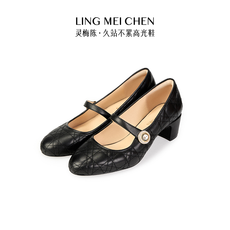 灵梅陈玛丽珍女鞋中跟真皮高跟鞋