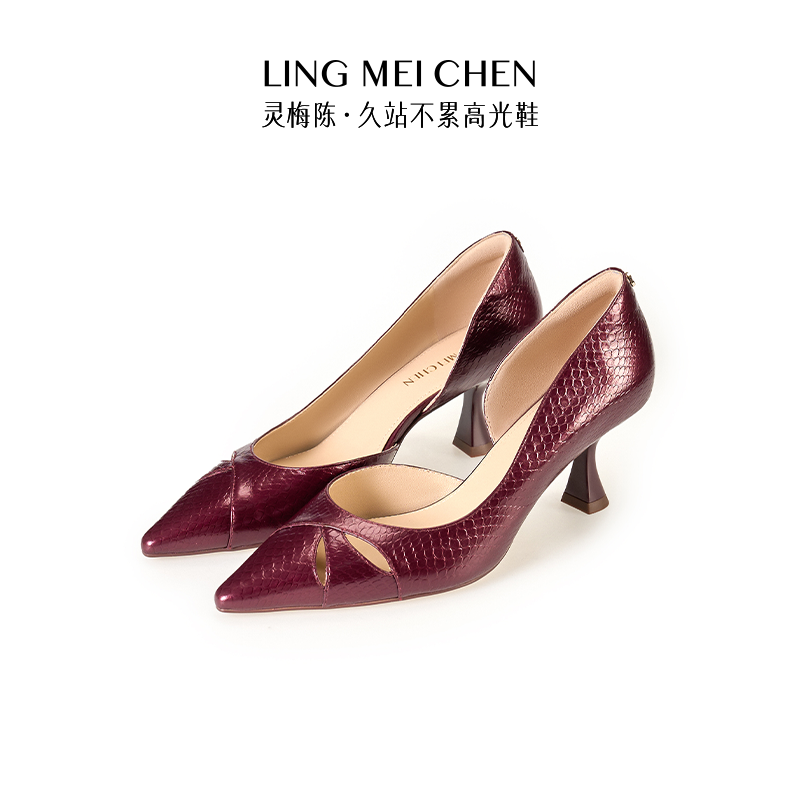灵梅陈酒红色高跟鞋镂空女鞋婚鞋