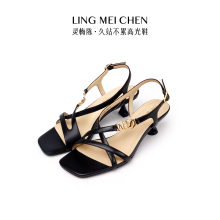 LINGMEICHEN罗马凉鞋女款夏季黑色新款高跟鞋气质法式中跟女鞋