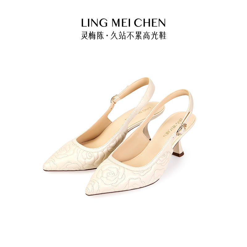 灵梅陈玫瑰刺绣高跟鞋真皮凉鞋女