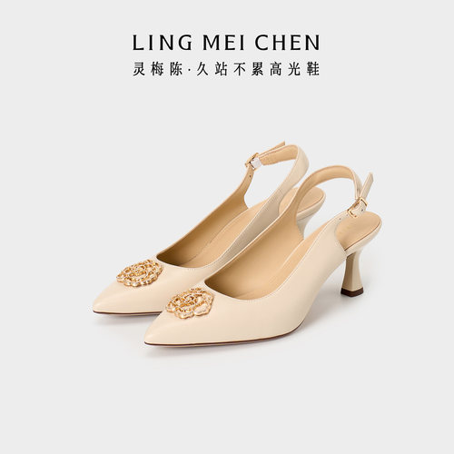 灵梅陈牡丹花高跟凉鞋真皮单鞋女