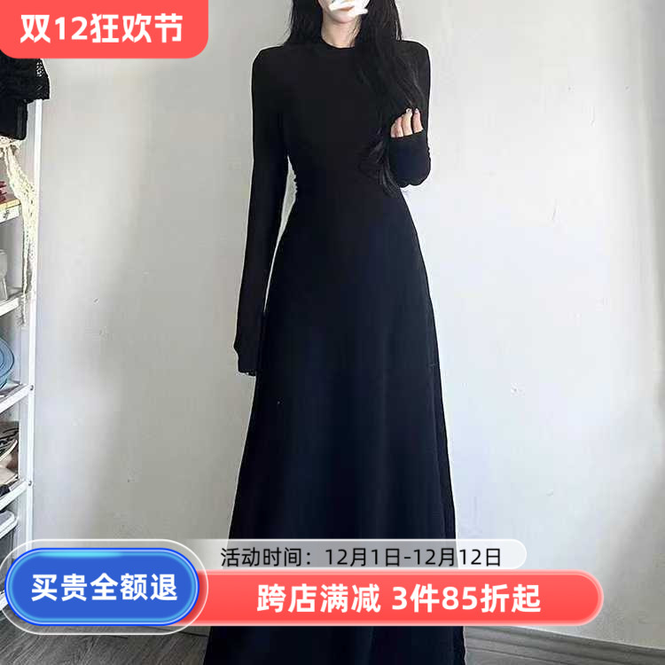 赫本风黑色长袖连衣裙