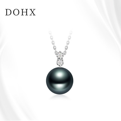 DOHX 大溪地黑珍珠吊坠18K金双钻款正圆海水珍珠锁骨项链女