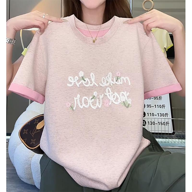 重工刺绣粉色短袖t恤女2025夏季新款宽松显瘦大码百搭半袖上衣潮