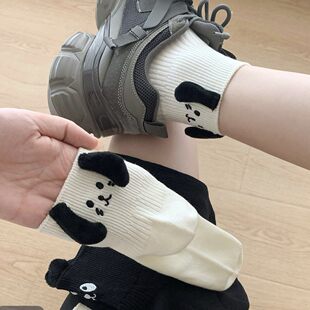 米白袜子女中筒袜夏季薄款创意卡通小狗韩系可爱搞怪袜子百搭女款