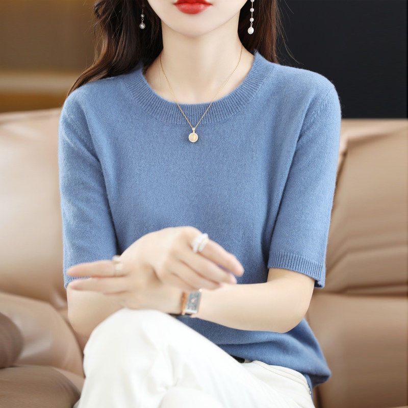 2025春季新款薄款五分袖针织衫女短袖纯色打底衫圆领中袖短款上衣