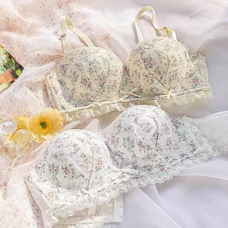 法式碎花内衣女小胸聚拢无钢圈抹胸甜美不空杯蕾丝边文胸胸罩套装
