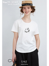 women stars birds 2023夏edition小众设计师手绘印花纯棉短袖T恤