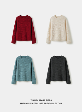 women stars birds 全羊毛圆领菱形格绞花加厚毛衣