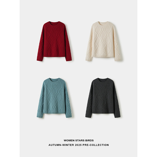 全羊毛圆领菱形格绞花加厚毛衣 birds women stars