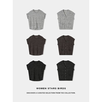 women stars birds极简松弛感透气亚麻混纺叠穿马甲开衫短袖t恤