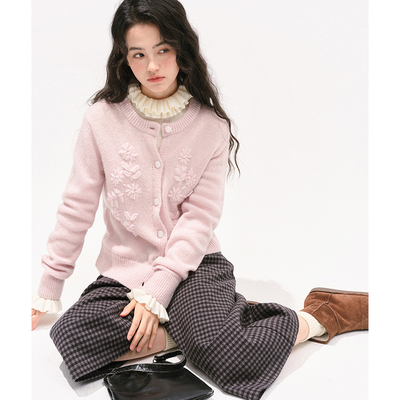 women stars birds 羊驼毛混纺手工立体钩花圆领针织开衫