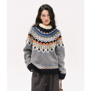 复古费尔岛提花圆领套头毛衣 birds women stars
