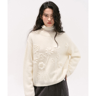 women stars birds 羊驼毛混纺手工立体钩花宽松圆领针织毛衣