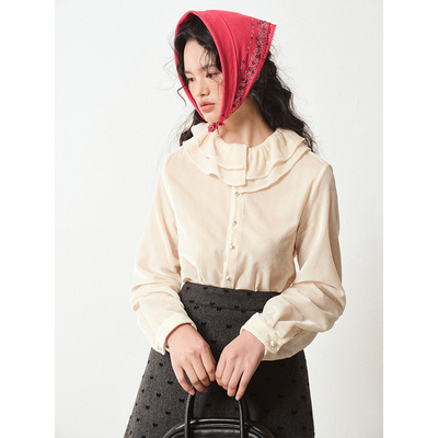 women stars birds复古荷叶边花瓣领衬衫丝绒长袖衬衣女