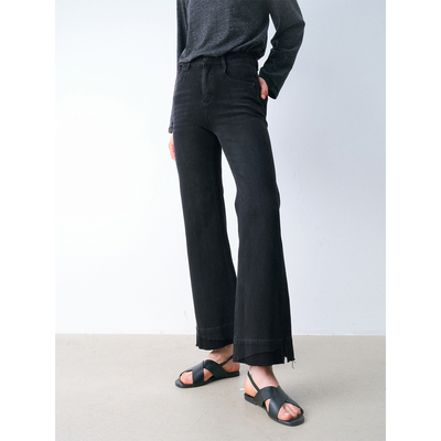 women stars bird长腿神裤水洗做旧毛边拼接微喇裤高腰显瘦牛仔裤