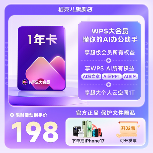WPS大会员1年pdf转word排版 AI生成PPT excel官方正版 手机号直充