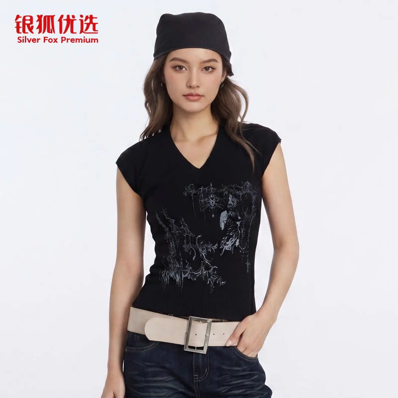 银狐优选美式复古2026春夏款V领针织衫背心女叠穿修身无袖T恤上衣