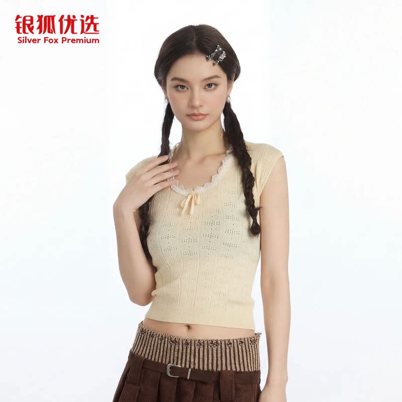 银狐优选欧美2026夏季新款学院蕾丝拼接U领短袖T恤女显瘦无袖上衣