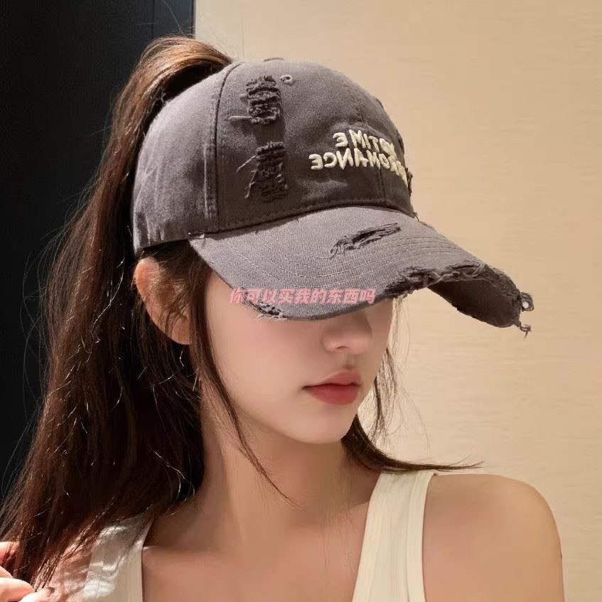 韩系破洞刺绣半空顶棒球帽宽帽檐大脸显脸小鸭舌帽子女款2026新款
