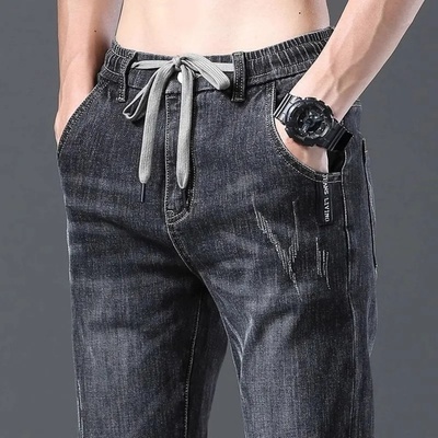 弹力牛仔裤男款春秋新款松紧腰修身直筒休闲工装裤子男耐磨工作裤