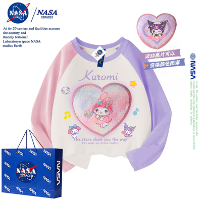 NASA联名春秋儿童亮片爱莎公主翻转变星黛露长袖t恤纯棉女童衣服