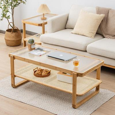 茶几客厅北欧简约小户型钢化玻璃茶几民宿日式藤编双层茶几桌新款
