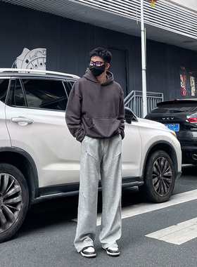 DAL 灰色宽松阔腿卫裤男2025年秋冬厚款柳钉褶皱设计感运动休闲裤