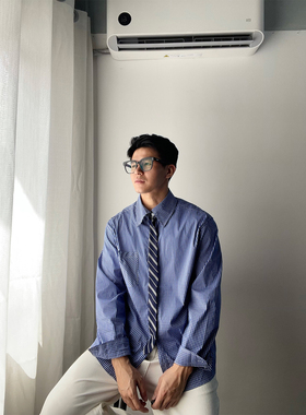 DAL 日系蓝色格子撞色衬衫2025年秋冬潮流宽松设计感百搭长袖衬衣