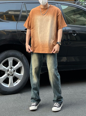 DAL 复古蓝直筒牛仔裤男新款水洗做旧磨白美式潮牌高街休闲长裤子