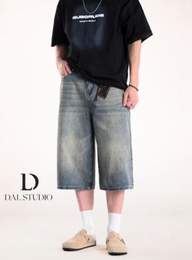 DAL 美式复古蓝宽松七分牛仔裤男2025年夏季新款显瘦阔腿潮流短裤