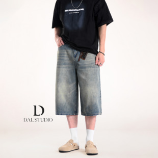 DAL 美式复古蓝宽松七分牛仔裤男2026年夏季新款显瘦阔腿潮流短裤