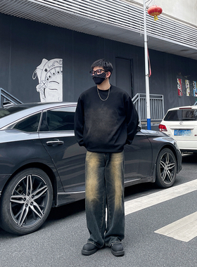 DAL 复古废土风宽松阔腿牛仔裤男2025年春季拖地裤做旧磨白休闲裤