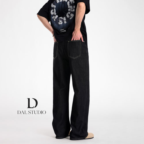 原牛黑色宽松阔腿牛仔裤