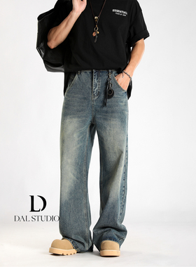 DAL 美式复古蓝直筒牛仔裤男2025年秋冬水洗猫须松紧腰宽松长裤潮