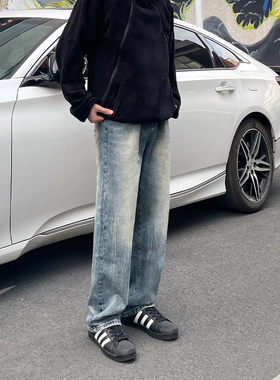 DAL 复古浅蓝色直筒裤男美式水洗磨白潮流痞帅宽松阔腿休闲裤子男