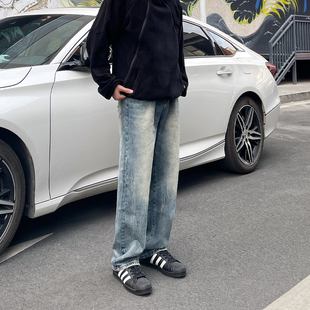 水洗磨白潮流痞帅宽松阔腿休闲裤 男美式 子男 复古浅蓝色直筒裤 DAL