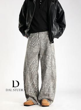 DAL 美式复古豹纹弯刀牛仔裤男2025年秋冬宽松廓形潮流休闲拖地裤