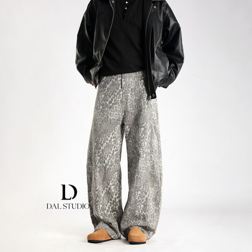 美式复古豹纹弯刀牛仔裤